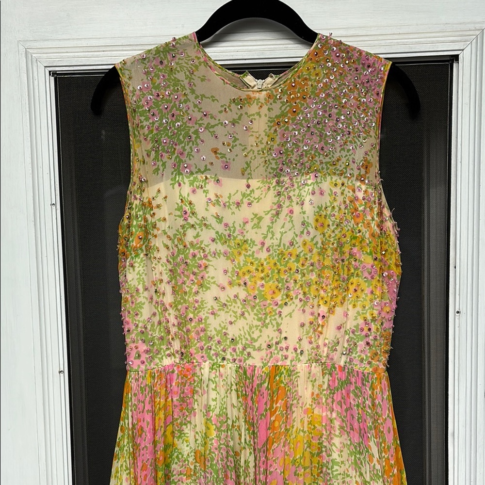 NAT KAPLAN SAKS FIFTH AVE Yellow Orange Pleat Crystal Maxi Silk Dress-VINTAGE - Picture 3 of 16